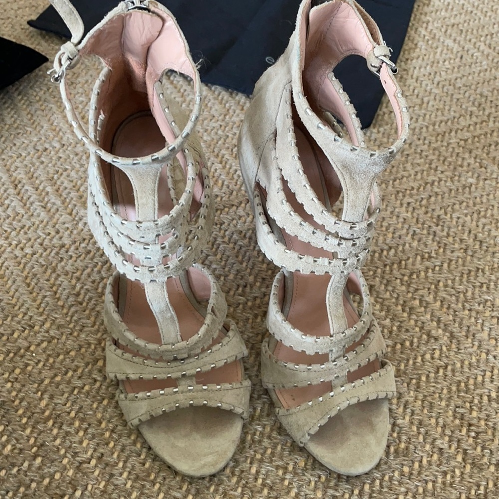 Tan and silver accent leather heels